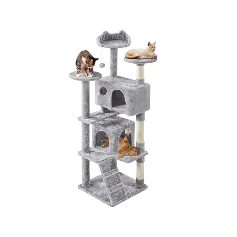 Arbre à Chat avec 2 Niches 3 Plateformes 2 Boules Sisal Naturel Arbre à Grimper Multi-Niveaux Hauteur 158cm Idéal pour 3-4 Chats Gris Clair