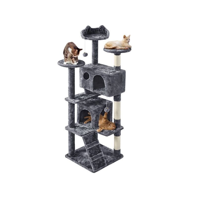 Arbre à Chat avec 2 Niches 3 Plateformes 2 Boules Sisal Naturel Arbre à Grimper Multi-Niveaux Hauteur 158cm Idéal pour 3-4 Chats Gris Foncé