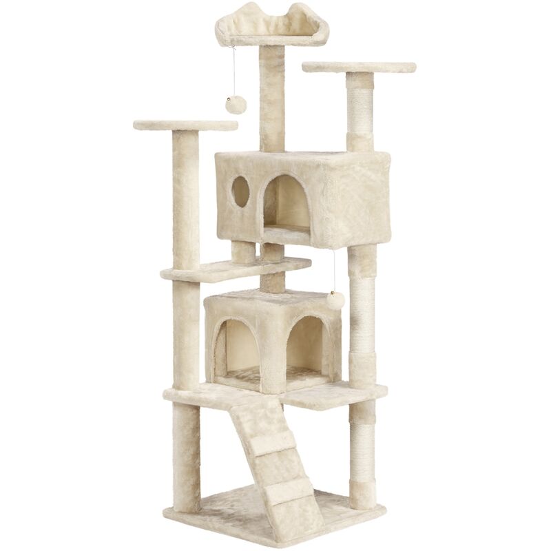 Arbre à Chat avec 2 Niches 3 Plateformes 2 Boules Sisal Arbre à Grimper Multi-Niveaux Hauteur 158cm Idéal pour 3-4 Chats Beige - Yaheetech