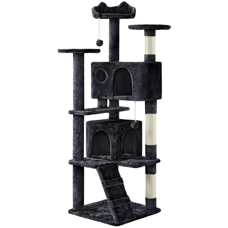Yaheetech Arbre à Chat avec 2 Niches 3 Plateformes 2 Boules Sisal Arbre à Grimper Multi-Niveaux Hauteur 158cm Idéal pour 3-4 Chats Noir