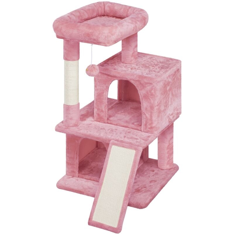 Arbre à Chat avec Griffoir et Poteaux en Sisal Centre d'activités 2 Niches 1 Boule de Peluche et 1 Platforme 49 x 45,5 x 91 cm Rose - Yaheetech