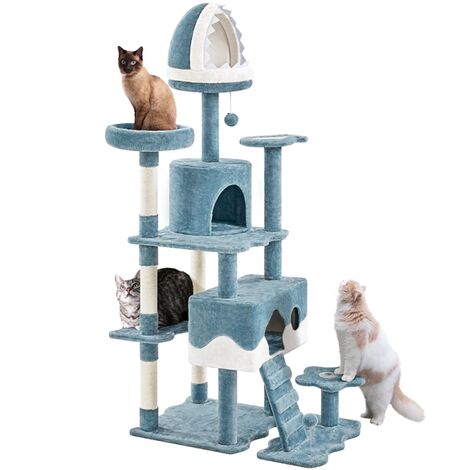 Yaheetech – Arbre à chat bleu et blanc 184 cm – 3-4 chats – Niche requin, cachettes, perchoirs, griffoirs en sisal – Installation facile