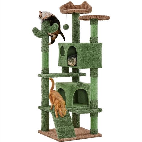 Yaheetech – Arbre à chat cactus 138 cm – Multiniveau avec poteaux en sisal – Cachettes et perchoirs pour 2 à 3 chats – Vert et brun