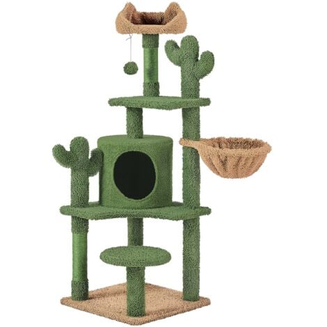 Yaheetech Arbre à Chat Cactus Hauteur 135cm Tour pour Chat Multiniveau en Tissu Moppy avec Panier Cachette Perchoirs Design Mignon Poteaux en Sisal Boule Élastique
