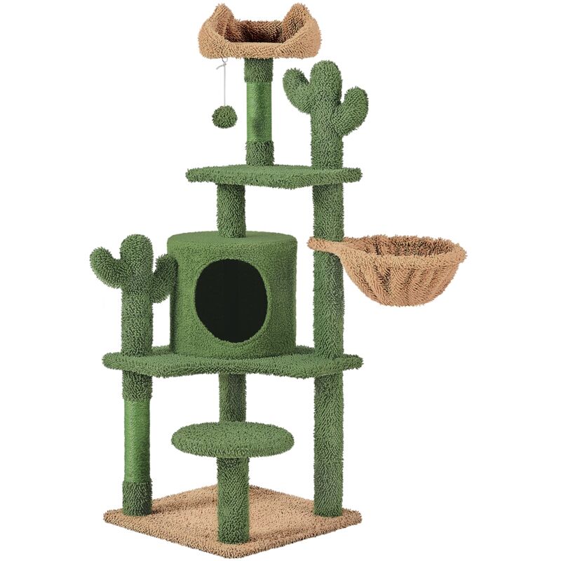 Arbre à Chat Cactus Hauteur 135cm Tour pour Chat Multiniveau en Tissu Moppy avec Panier Cachette Perchoirs Design Mignon Poteaux en Sisal Boule
