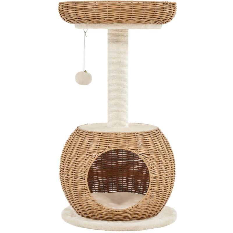 Yaheetech Arbre à Chat en Rotin Tour pour Chat en Peluche Design Moderne avec Cachette Ronde Panier Supérieur Griffoir en Sisal Jouet 75 cm de Haut