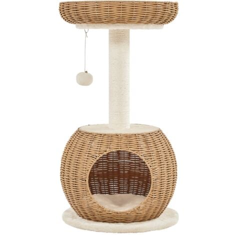 Yaheetech Arbre à Chat en Rotin Tour pour Chat en Peluche Design Moderne avec Cachette Ronde Panier Supérieur Griffoir en Sisal Jouet 75 cm de Haut Beige