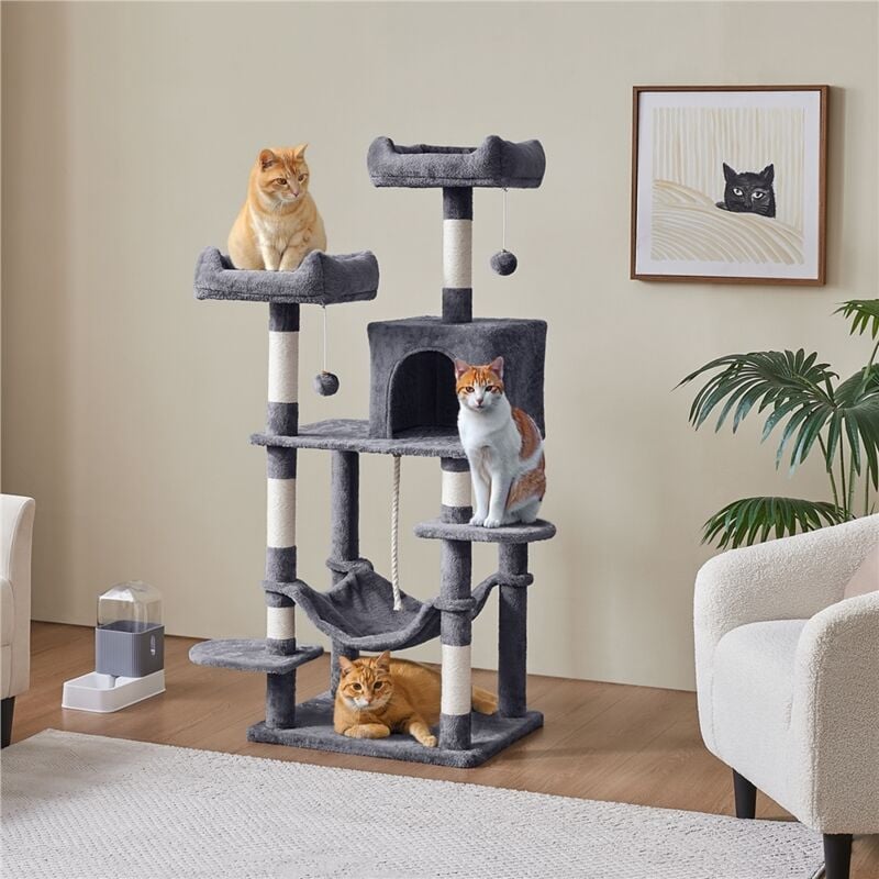 Yaheetech Arbre à Chat géant Grattoir Griffoir Tour Activités 147 cm / Base Plus Large 61x51cm / Niche / Perchoirs / Grand Hamac Gris foncé