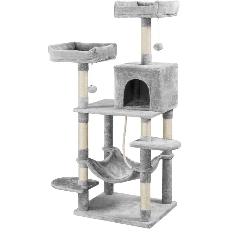 Yaheetech Arbre à Chat géant Grattoir Griffoir Tour Activités 147 cm / Base Plus Large 61x51cm / Niche / Perchoirs / Grand Hamac Gris Clair