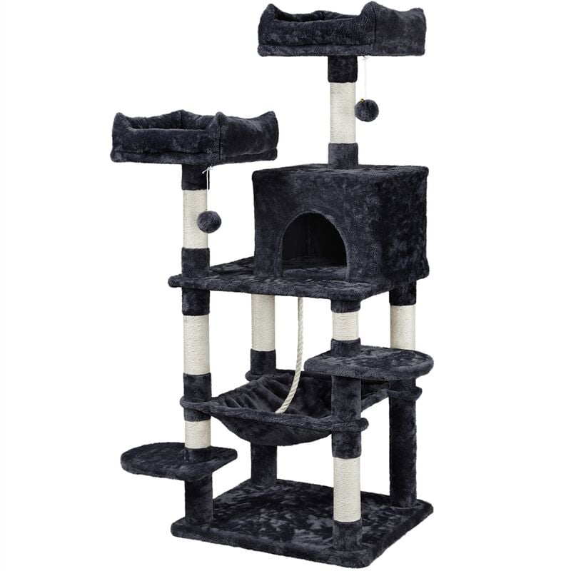 Arbre à Chat Géant Grattoir Griffoir Tour Activités Hauteur 150 cm Base Plus Large/Niche Spacieuse/2 Perchoirs/Grand Hamac Noir - Yaheetech