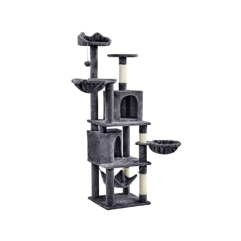 Arbre à Chat Géant Hauteur 175 cm avec 2 Plate-Formes Perchés 2 Paniers 2 Condos en Peluche Cordes en Sisal Naturel Gris Foncé - Yaheetech