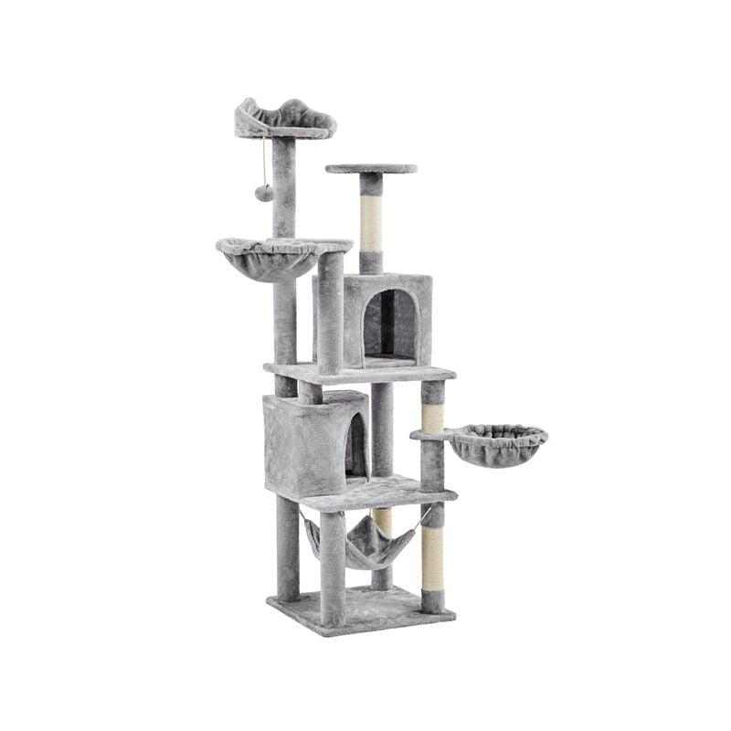 Arbre à Chat Géant Hauteur 175 cm avec 2 Plate-Formes Perchés 2 Paniers 2 Condos en Peluche Cordes en Sisal Naturel Gris Clair - Yaheetech