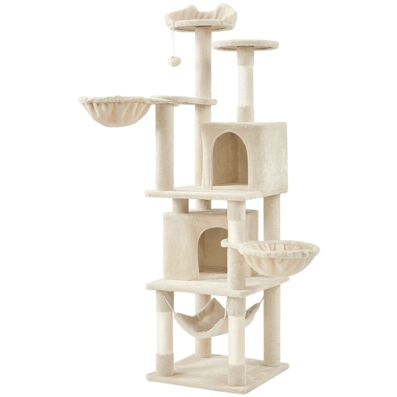 Arbre à Chat Géant Hauteur 175 cm avec 2 Plate-Formes Perchés 2 Paniers 2 Condos en Peluche Cordes en Sisal Beige - Yaheetech