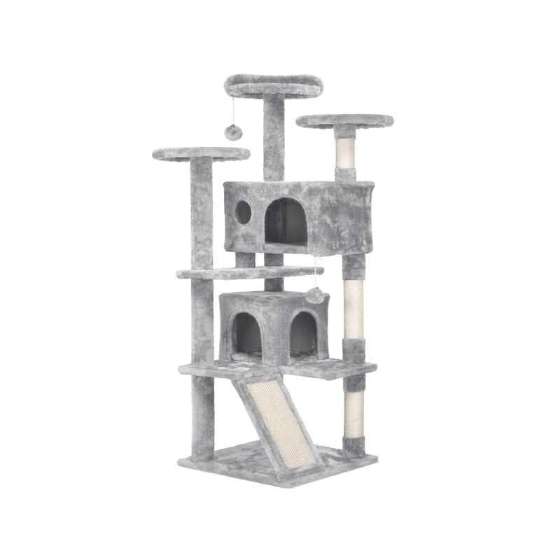 Arbre à Chat Griffoir Grattoir 139 cm avec Niche/Jouet Balle/ 3 Plate-Forme d'observation/Poteaux en Sisal Arbre à Grimper Gris Clair - Yaheetech