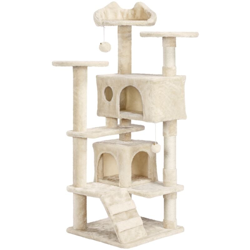 Yaheetech Arbre à Chat avec 2 Niches 3 Plateformes 2 Boules en Sisal Arbre à Grimper Multi-Niveaux Hauteur 137cm Idéal pour 3-4 Chats Beige