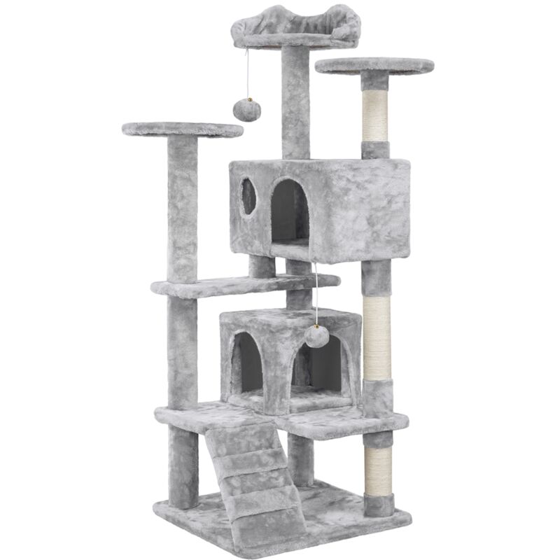 Yaheetech - Arbre à Chat avec 2 Niches 3 Plateformes 2 Boules en Sisal Arbre à Grimper Multi-Niveaux Hauteur 137cm Idéal pour 3-4 Chats Gris Clair