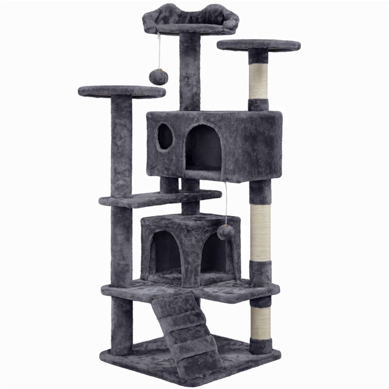 Arbre à Chat avec 2 Niches 3 Plateformes 2 Boules en Sisal Arbre à Grimper Multi-Niveaux Hauteur 137cm Idéal pour 3-4 Chats Gris Foncé - Yaheetech