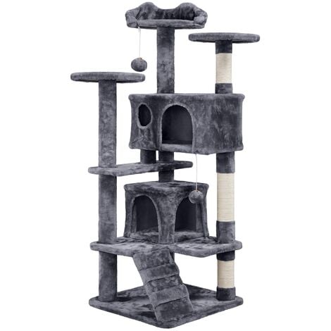 Yaheetech Arbre à Chat Griffoir Grattoir pour Chatons Centre Activité 138,5cm Multiniveaux Bande de Sécurité 2 Niches 3 Colonnes en Sisal 2 Balles de Jouet Gris Foncé