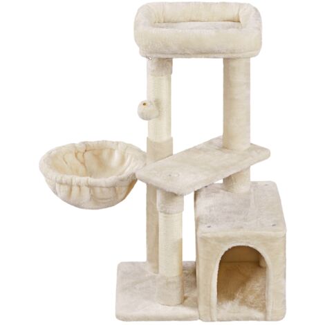 Yaheetech – Arbre à chat multiniveau 87 cm – Cachette, niche, panier – Griffoirs en sisal – Boule suspendue – Panneaux de particules solides beige