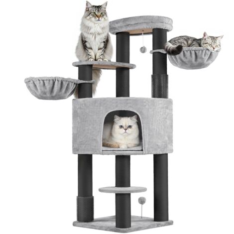 Yaheetech Arbre à Chat Multiniveau pour Grands Chats avec Poteaux à Griffer Perchoirs Spacieux Coussin Brosses de Toilettage Tour de Jeu avec Boule Suspendue Remplaçable 160 cm H Gris Clair/Noir