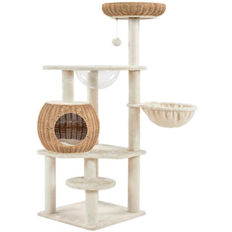 Yaheetech – Arbre à chat rotin 137,5 cm – Cachette ronde – 2 paniers – Griffoirs en sisal – Jouet pompon – Design moderne beige