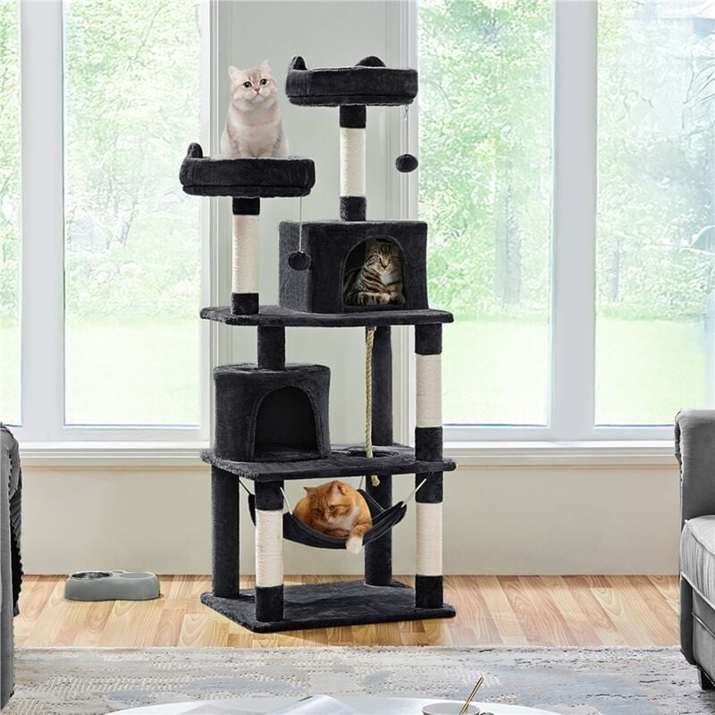Arbre à Chat Tour à Griffer avec 2 Niches/Hamac Colonne en Sisal Multi-Niveaux Tour pour Chat Hauteur 158 cm Noir - Yaheetech