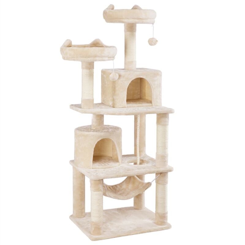 Arbre à Chat Tour à Griffer avec 2 Niches/Hamac Colonne en Sisal Multi-Niveaux Tour pour Chat Hauteur 158 cm Beige - Yaheetech