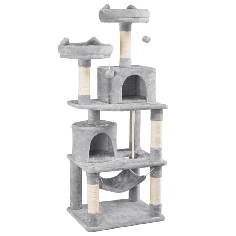 Arbre à Chats 158 cm Griffoir Grattoir avec Base Plus Large/Grand Hamac/2 Niche/2 Perchoirs/2 Boules de Peluche/Corde de Sisal - Multi-Niveaux Gris