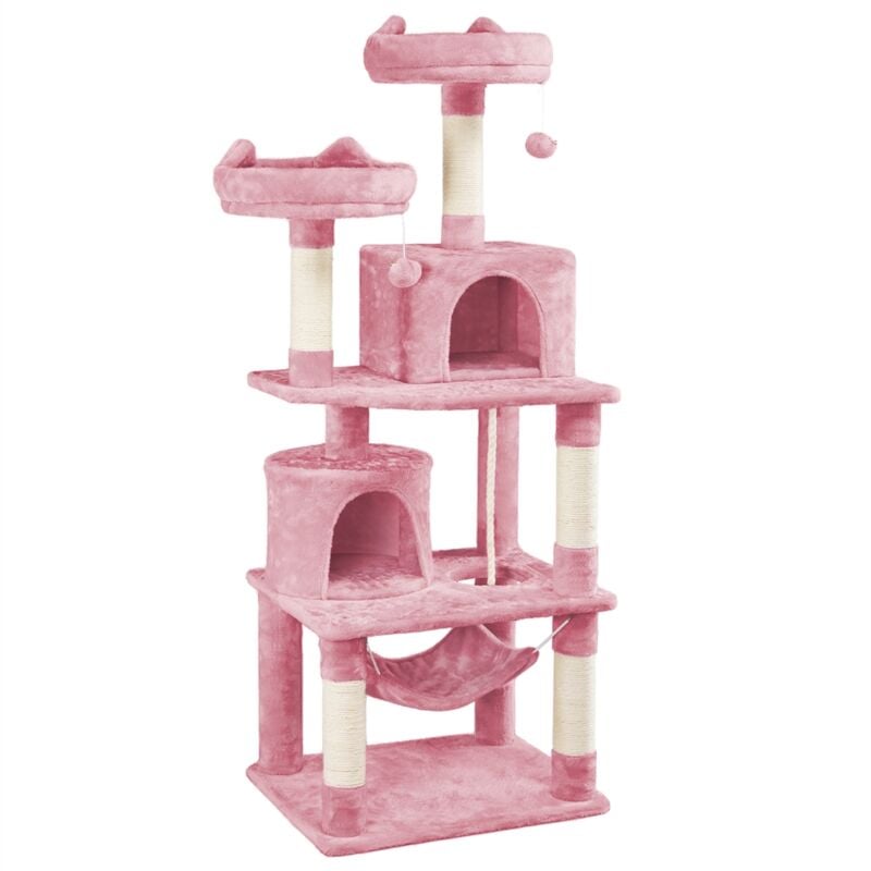 Arbre à Chat Tour à Griffer avec 2 Niches/Hamac Colonne en Sisal Multi-Niveaux Tour pour Chat Hauteur 158 cm Rose - Yaheetech