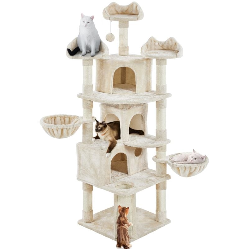 Arbre à Chat Géant Multiniveau Tour de Chat avec 3 Perchoirs Design 2 Paniers 3 Niches Tour d'escalade Griffoir Poteaux en Sisal Arbre à Chat 194 cm