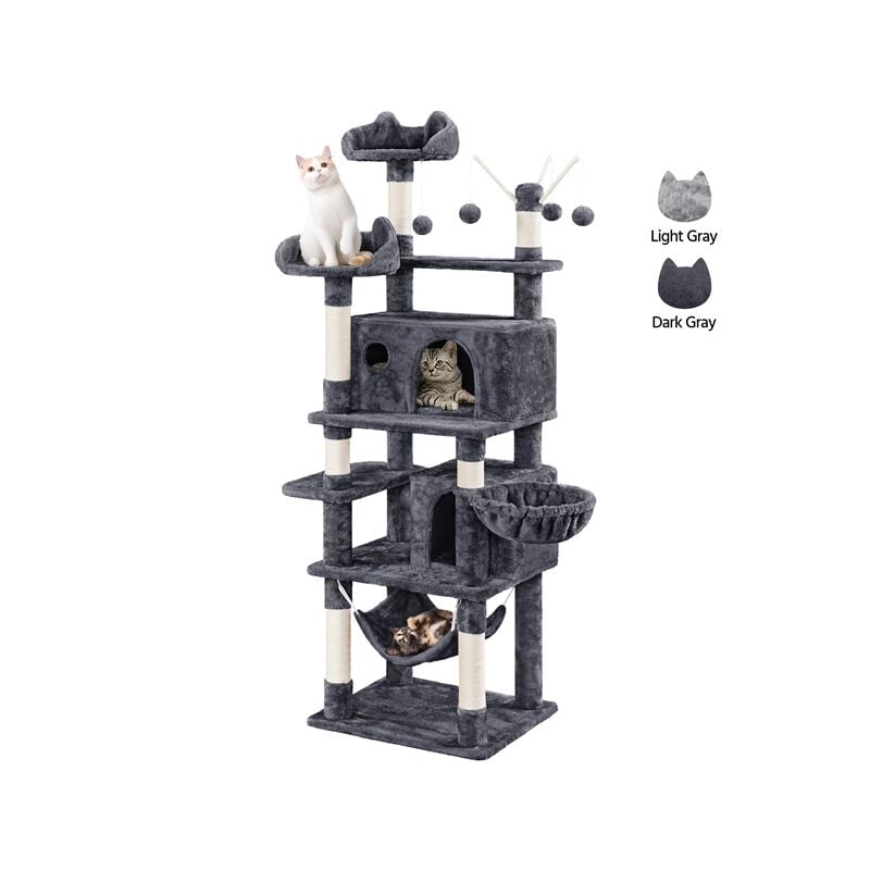 Arbre à Chat Multiniveau Tour de Jeux Maison pour Chat avec Poteaux en Sisal 2 Niches Spacieuses Hamac Panier Jouets Amovibles Boules avec Clochette