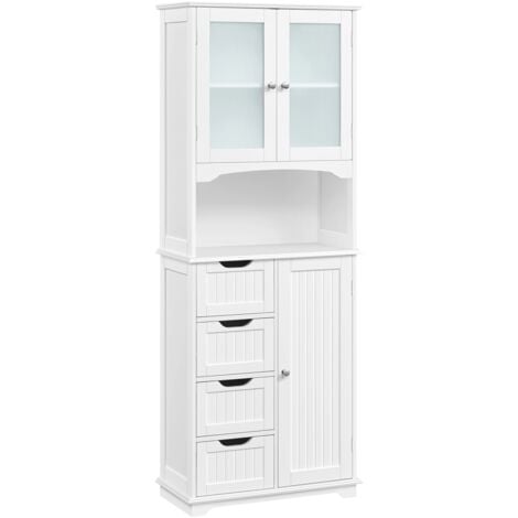 Yaheetech Armadietto da Bagno con 4 Cassetti Armadietto a Terra in Legno con Porte in Vetro Ripiani Regolabili in Altezza per Soggiorno Camera da Letto Corridoio Bianco