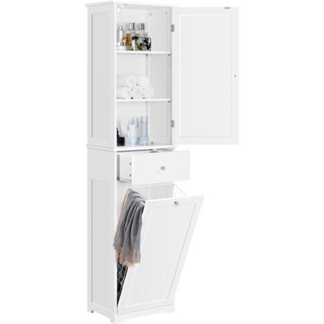Yaheetech Armadietto da Bagno Indipendente con Cesto Mobiletto da Terra per la Biancheria Mobile da Bagno Alto con Armadietto e Ripiani Regolabili Bianco 45x30x180 cm