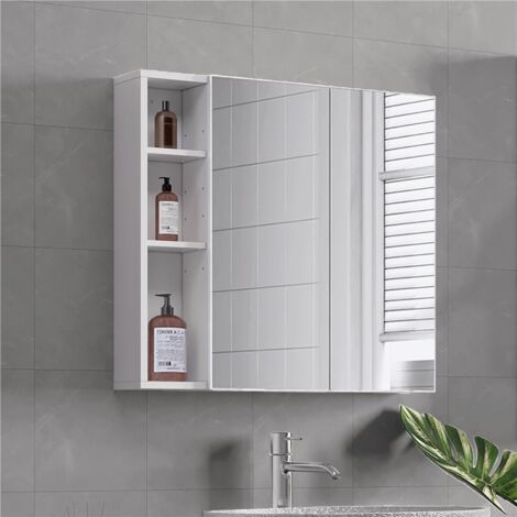 Yaheetech Armario de Baño de Pared con Espejo 70 × 15 × 65 cm 1 Estante de Altura Ajustable 2 Puertas 3 Taquillas Armario en Baño