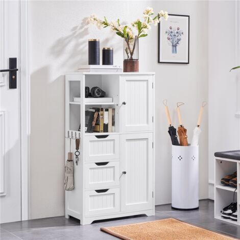 Yaheetech – Meuble bas de salle de bain 60 cm L × 30 cm l × 107 cm H – 3 tiroirs profonds – 2 casiers avec étagère réglable – 4 crochets latéraux – MDF blanc