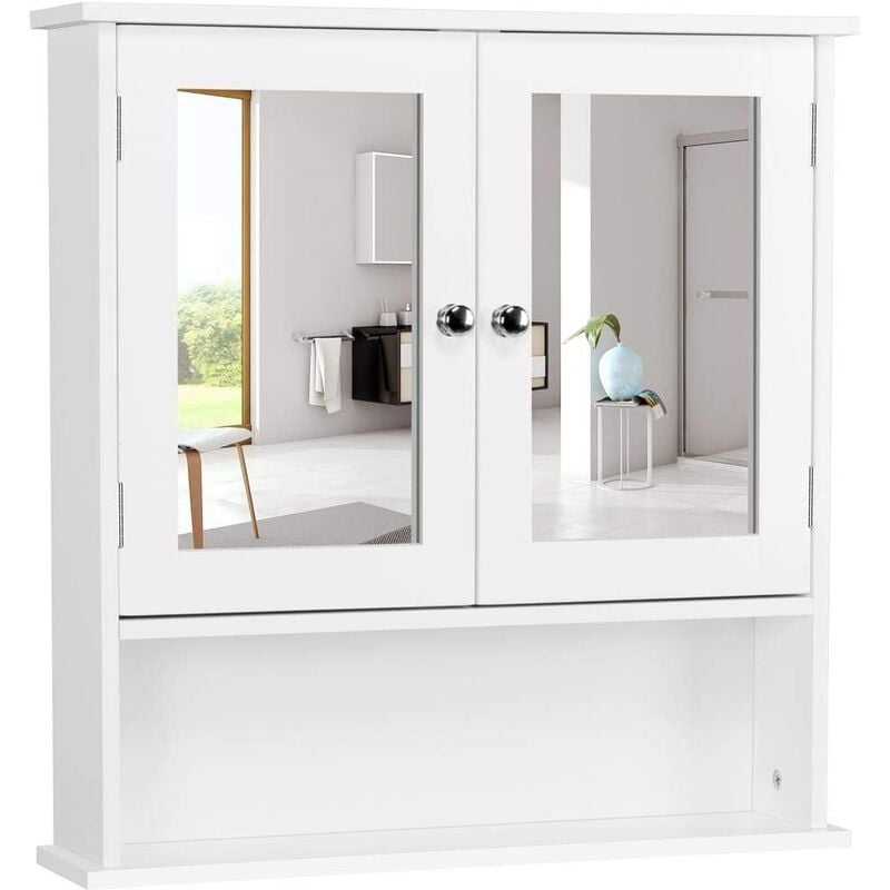 Yaheetech - Armoire Murale de Salle de Bain Placard de Rangement Toilettes 3 Niveaux, Étagères à Hauteur Réglable, 2 Portes et Miroirs, 56 × 13 × 58