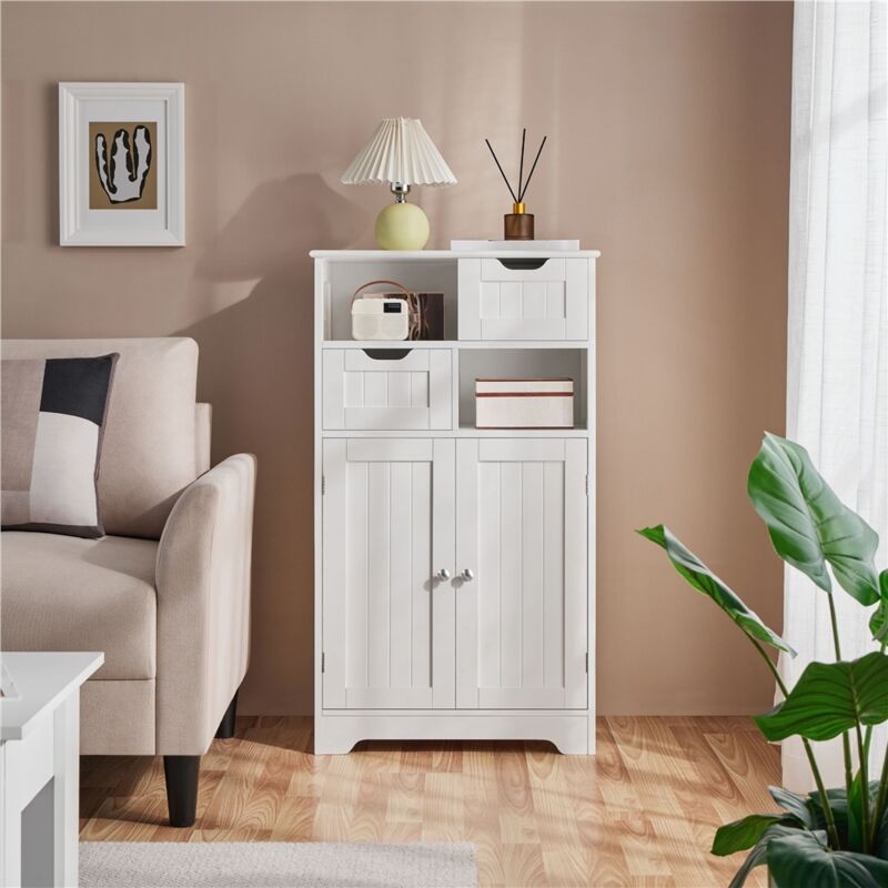 Armoire Salle de Bain Meuble Rangement Salle de Bain avec 2 Tiroirs, 1 Compartiment, 1 Placard Etagère Réglable, Salon Cuisine Blanc 60 x 30 x 105 cm