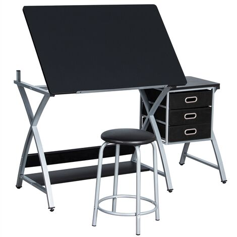 Yaheetech Art/Drawing Desk with Adjustable Height Tiltable Tabletop Drafting Board Craft Table with Storage Drawers and Stool Studying Table - black