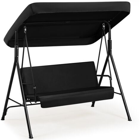 Yaheetech Balancelle de Jardin 3 Places Toit Inclinaison Réglable en Tissu Polyester Respirant Cadre en Métal Résistance aux Intempéries Balançoire d'Extérieur Noir Cour Jardin Terrasse Piscine Porche