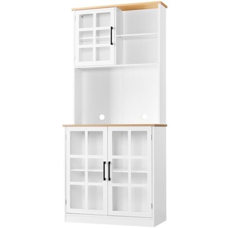 Yaheetech Buffet Haut de Cuisine Vaisselier Cuisine Armoire de Cuisine Meuble Salle à Manger avec Portes en Verre avec Étagère Réglable 80 × 37 × 183 cm Blanc