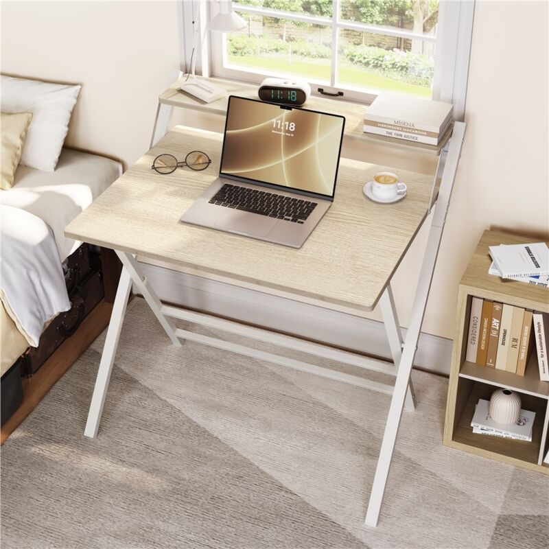 Yaheetech - Bureau d'Ordinateur, 80×50×74,5cm, Table Pliable avec Petit Étagère Surélevée et Pieds en Forme x, pour Chambre Salon d'étude Petits