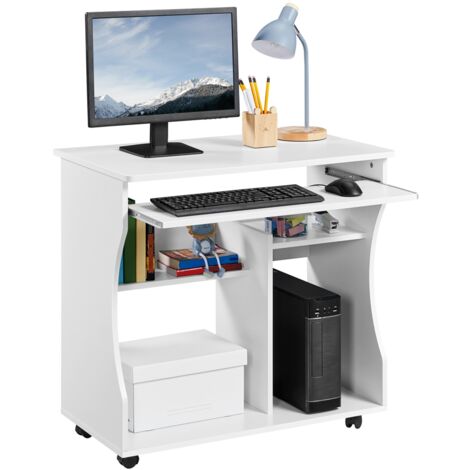 Yaheetech – Bureau informatique à roulettes 80,1 x 48,1 x 76,2 cm – Support clavier coulissant 74,1 x 23,5 cm – 4 étagères – MDF blanc