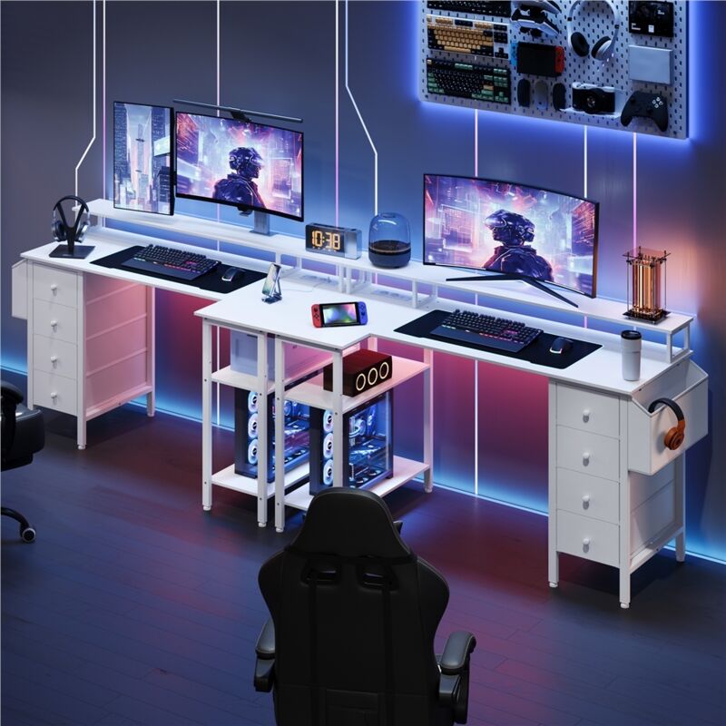 Yaheetech Bureau Informatique Angle Table en L Bureau Gaming Réversible en Bois avec Support d'écran 4 Tiroirs 2 étagère 1 Sac de Rangement et Prises