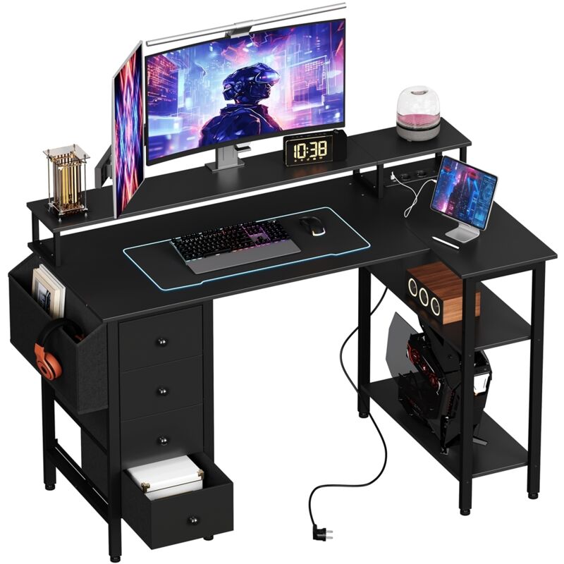 Yaheetech Bureau Informatique Angle Table en L Bureau Gaming Réversible en Bois avec Support d'écran 4 Tiroirs 2 étagère 1 Sac de Rangement et Prises