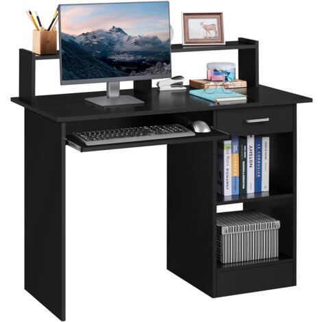 Yaheetech – Bureau informatique noir 106 x 50 x 94 cm – Porte clavier coulissant – 2 étagères – Matériaux CARB P2 MDF et métal