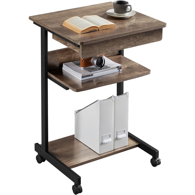 Yaheetech - Table Informatique Bureau d'Ordinateur Portable Roulant Poste de Travail 56 x 51 x 79 cm Gris avec 1 Tiroir et 2 Etagères Bois de Taupe