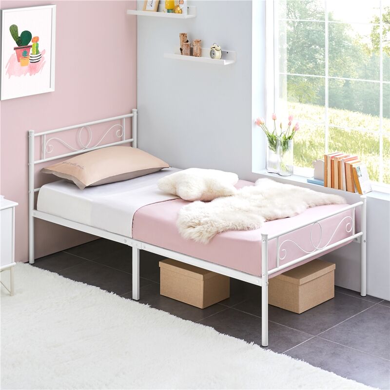 Yaheetech Cadre de lit en Métal 90 x 200 cm Assemblage Simple pour Petits Espaces Adultes Blanc
