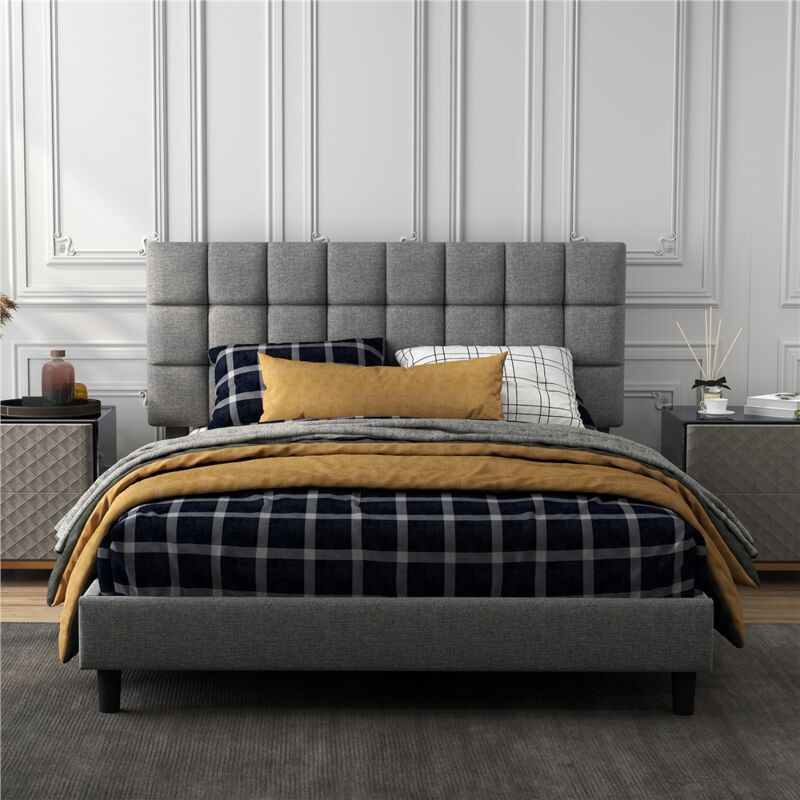 Yaheetech - Lit Double Rembourré avec Tête de Lit Réglable en Hauteur, Cadre de lit Capitonné avec Sommier à lattes, Lit pour Adultes 2 Personnes, en