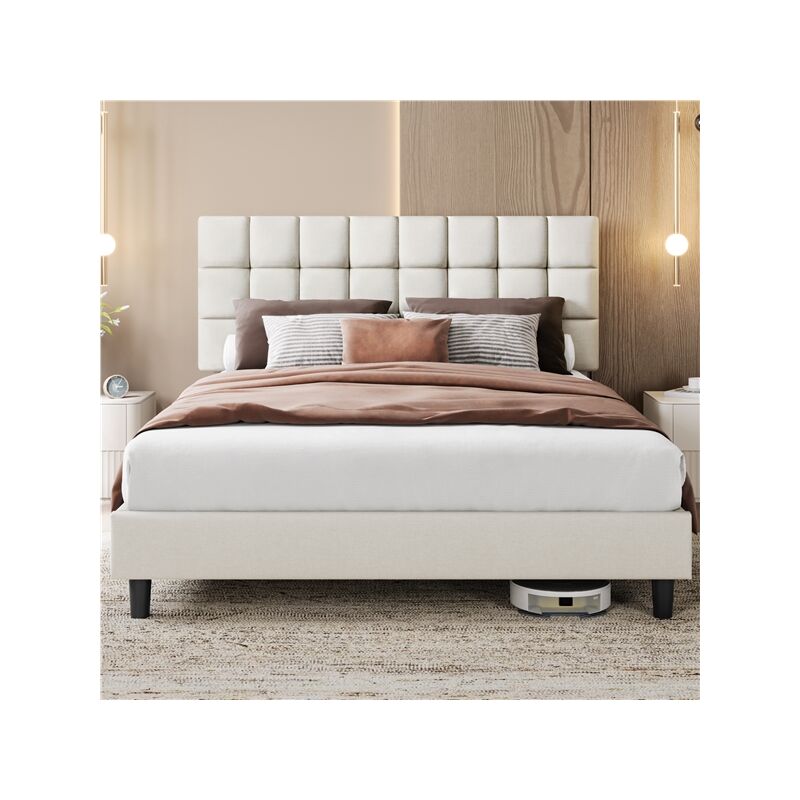 Yaheetech - Lit Double Rembourré avec Tête de Lit Réglable en Hauteur, Cadre de lit Capitonné avec Sommier à lattes, Lit pour Adultes 2 Personnes, en