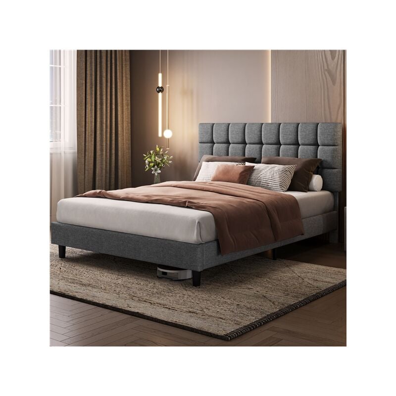 Yaheetech - Lit Double Rembourré avec Tête de Lit Réglable en Hauteur, Cadre de lit Capitonné avec Sommier à lattes, Lit pour Adultes 2 Personnes, en